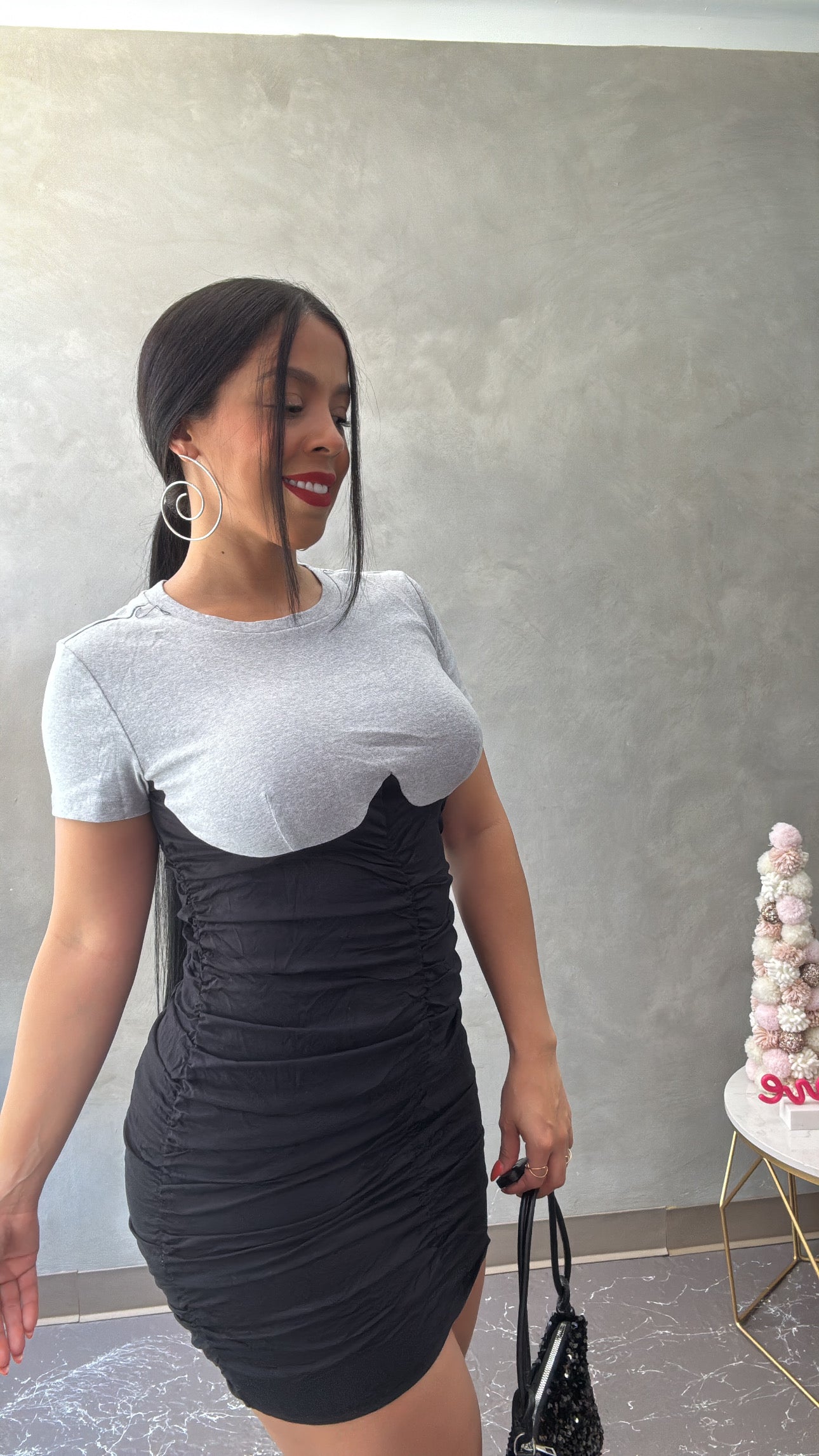 Gray & Black Ruched Dress
