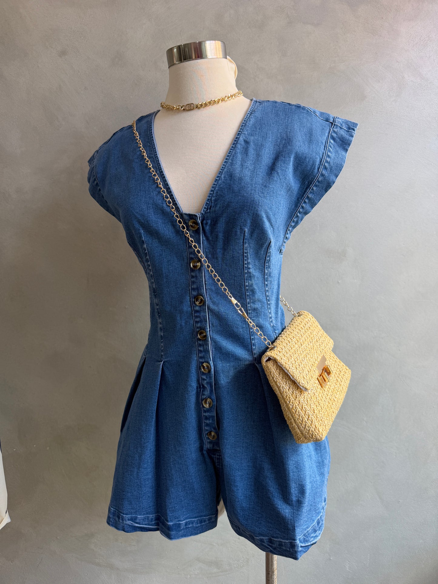 Denim flare button romper