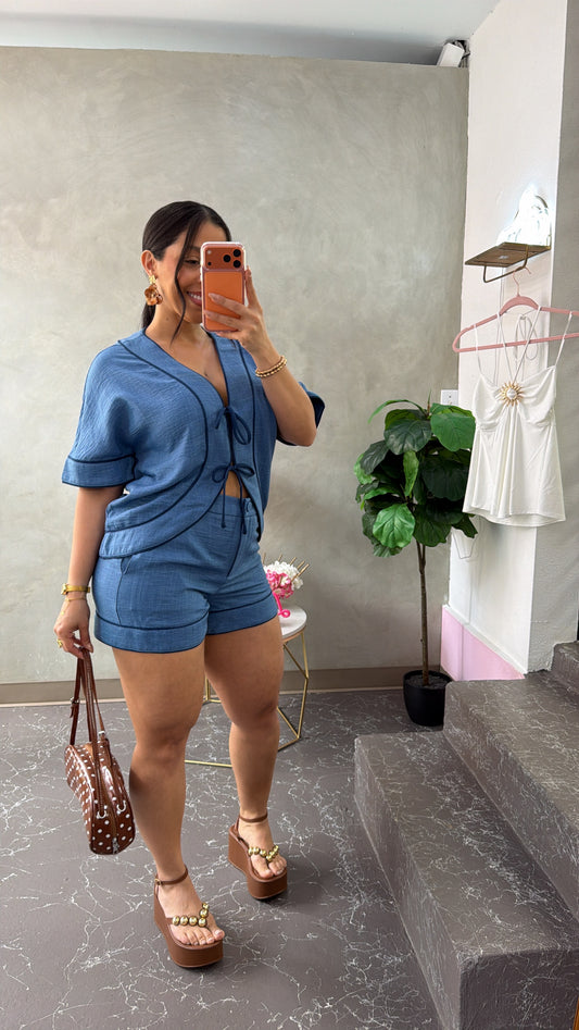 Navy Denim Short Set