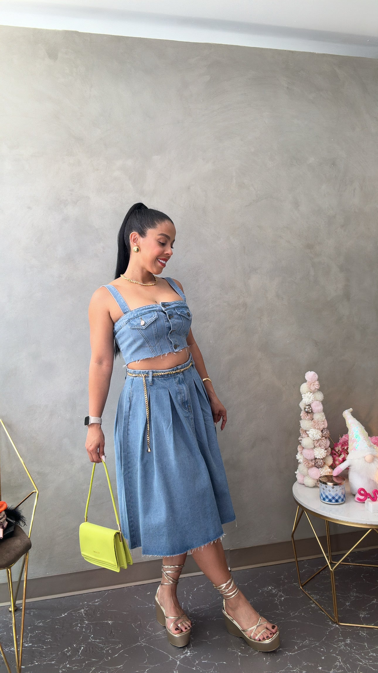 Denim top & midi skirt set