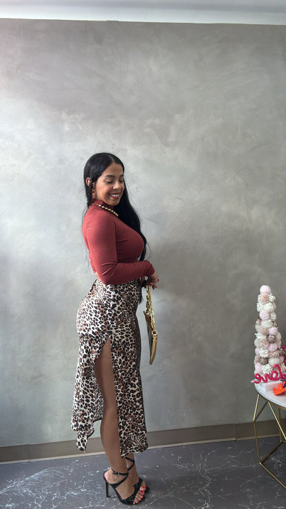 Leopard Satin Midi Skirt