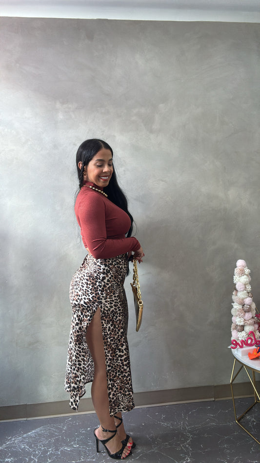 Leopard Satin Midi Skirt