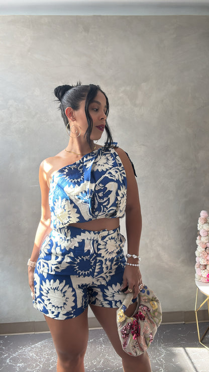Flower blue & ivory set