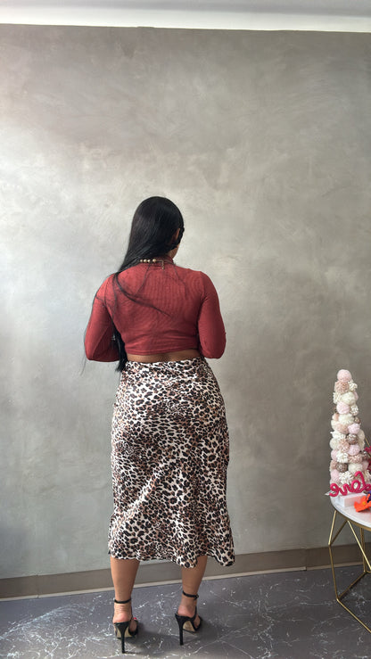 Leopard Satin Midi Skirt